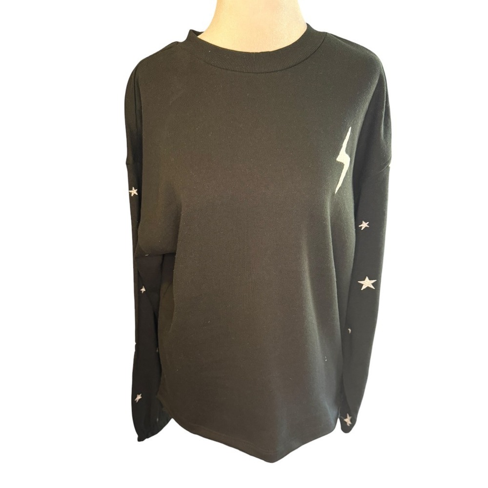 PJ Salvage XS Black Lightning Bolt Star Graphic Sweatshirt Raw Hem Pullover
